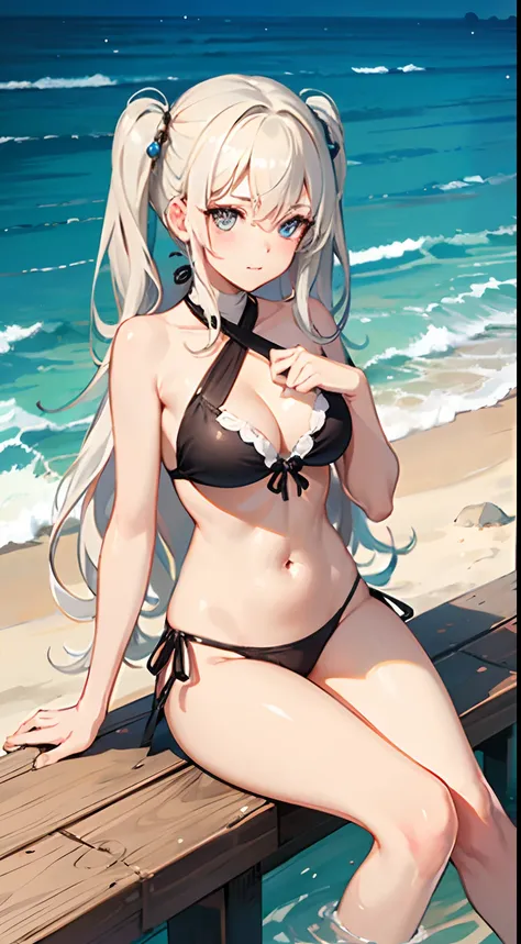 ((Best Quality)), (Ultra-detailed), ((Extremely detailed)), (Beautiful), ((Kawaii Girl)),(two side up hair).,Platinum Blonde Hair,Long hair, hair between eye, Wavy Hair, Long sideburns,Jade-colored eyes, White skin,Normal Chest,Slender body,Cross Halter Bi...