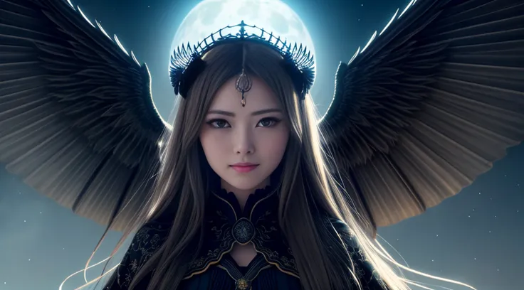 maiyan,(extremely detailed CG unity 8k wallpaper,masterpiece, best quality, ultra-detailed, beautiful detailed eyes:1.2),best illumination,dark night,moonlight,(best shadow, an extremely delicate and beautiful, bloom), ((a dark angel,hair ornamen,dark eyes...