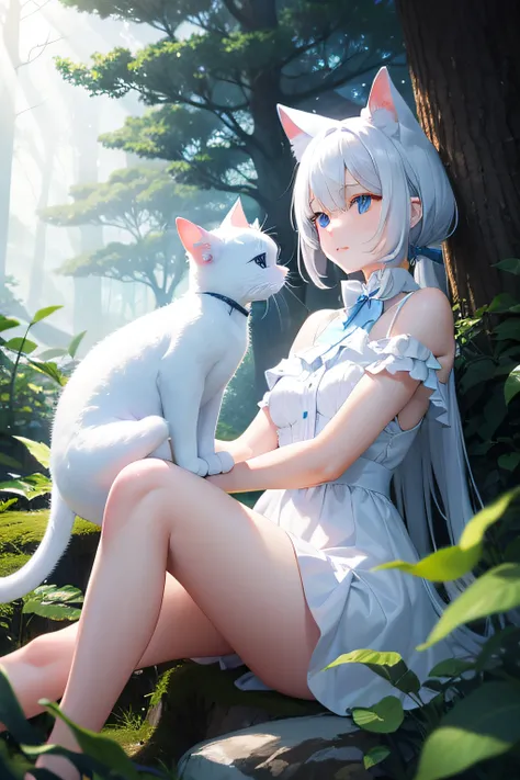 A blue-eyed white cat sitting in a mysterious forest