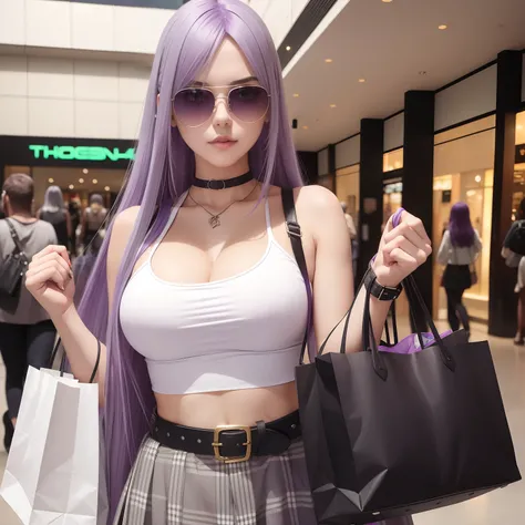 1girl, long light purple hair, green eyes, sunglasses pushed into hair, white low cut crop top, plaid gray skirt, black leather belt, mall, cleavage, black purse, shopping bags