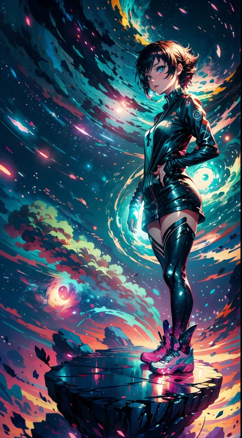 anime girl standing on a rock looking at a star filled sky, makoto shinkai cyril rolando, anime art wallpaper 4k, anime art wallpaper 4 k, anime art wallpaper 8 k, cosmic skies. by makoto shinkai, inspired by Cyril Rolando, in the style dan mumford artwork...