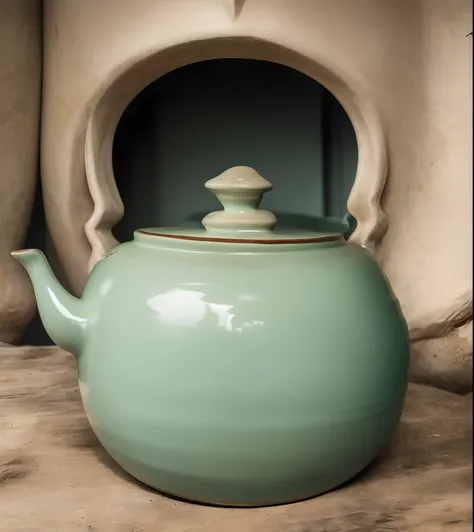 there is a teapot with a handle on the table, celadon glaze, with celadon glaze, pot, teapot, teapot, teapot : 1, author：hendrik...