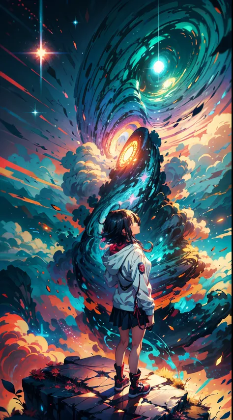 anime girl standing on a rock looking at a star filled sky, makoto shinkai cyril rolando, anime art wallpaper 4k, anime art wallpaper 4 k, anime art wallpaper 8 k, cosmic skies. by makoto shinkai, inspired by Cyril Rolando, in the style dan mumford artwork...