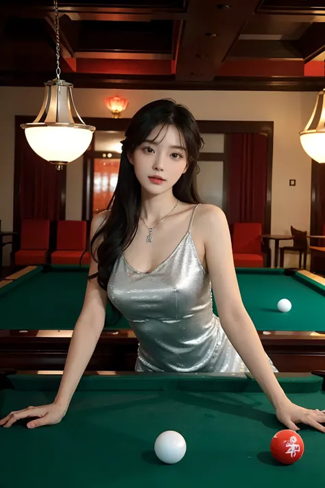 Best quality at best，Original，tmasterpiece，超高分辨率，Royal sister，Draped with hair，Necklace necklace，Silver dress，medium boob，Billiard Hall，Green pool table，（Chinese pool table），城市，healed