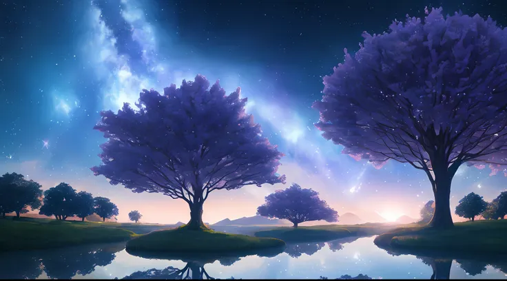 Illustration of a hyperrealistic , otherworldly, ultrasky scene featuring a giant crystal tree full body,very detailed and magical lighting, intricate forest details, vegetation and river around, solarpunk ,landscape, giant tree, beatifull leafy with beaut...