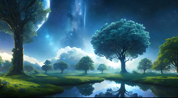 Illustration of a hyperrealistic , otherworldly, ultrasky scene featuring a giant crystal tree full body,very detailed and magical lighting, intricate forest details, vegetation and river around, solarpunk ,landscape, giant tree, beatifull leafy with beaut...