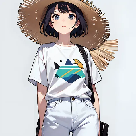 (Character stickers:1.2), Simple design, White plain background,A girl wearing plain white shirt jeans all over,Black hair short hair,Upright,Straw hat