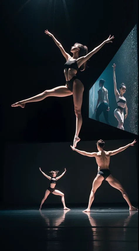 An artistic representation that combines elements of contemporary dance with modern visual elements. Dancers interact with digital projections, creating a fusion between analog and digital. The scene symbolizes the constant evolution and innovation in cont...