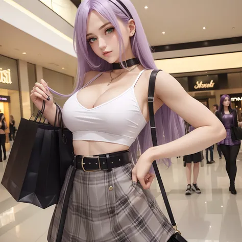 1girl, long light purple hair, green eyes, white low cut crop top, short plaid gray skirt, black leather belt, mall, cleavage, black purse, shopping bags, large chest