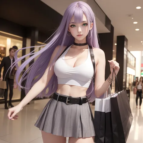 1girl, long light purple hair, green eyes, white low cut crop top, short plaid gray skirt, black leather belt, mall, cleavage, hand on hip, shopping bags, large chest