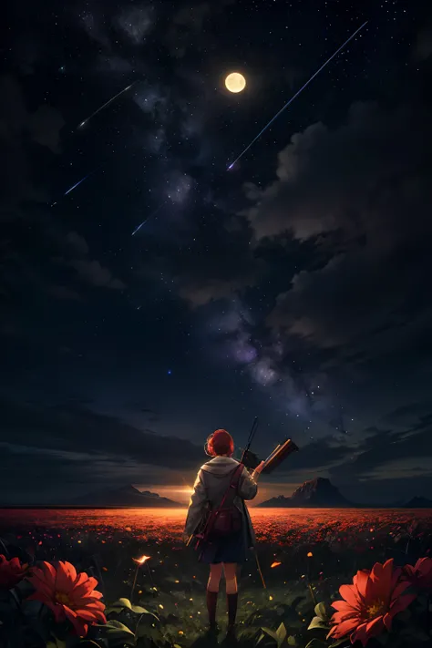 expansive landscape photography, (a bottom view showing the sky above and open country below), a girl standing in a field of flowers looking up, (full moon: 1.2), (shooting stars: 0.9), (nebula : 1.3), distant mountain, BREAK tree production art, (warm lig...