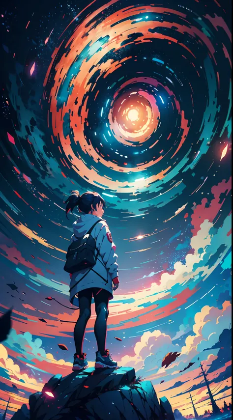 anime girl standing on a rock looking at a star filled sky, makoto shinkai cyril rolando, anime art wallpaper 4k, anime art wallpaper 4 k, anime art wallpaper 8 k, cosmic skies. by makoto shinkai, inspired by Cyril Rolando, in the style dan mumford artwork...