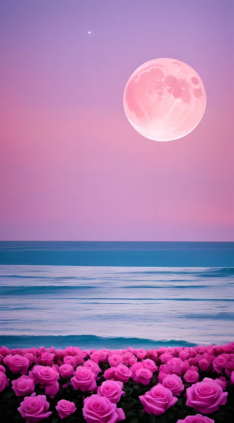 Pink moon, pink sky, soft pink clouds, pink ocean waves sparkling, sparkling, pink roses on pink ocean, fantasy, diamond, crown, universe, soft lights,