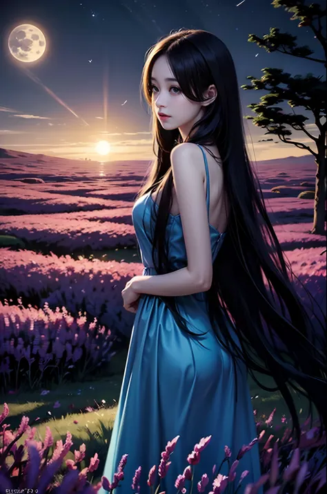 In the dark，Vista people，Long-haired beauty in towering violet grass，Go backReturn，Wearing a dark blue chiffon dress,Long hair is blown up by the wind，Place one hand behind your ear，Under the stars in the moonlight，extreme light，Outstanding light and shado...