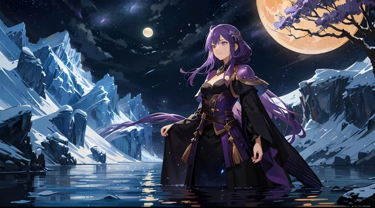 A painting of a river with stars and moon in the sky, concept art inspired by Tosa Mitsuoki, pixiv contest winner, best quality, fantasy art, beautiful anime scene, a bright moon, moonlit starry environment, dream painting, Anime Background Art, Fantasy La...