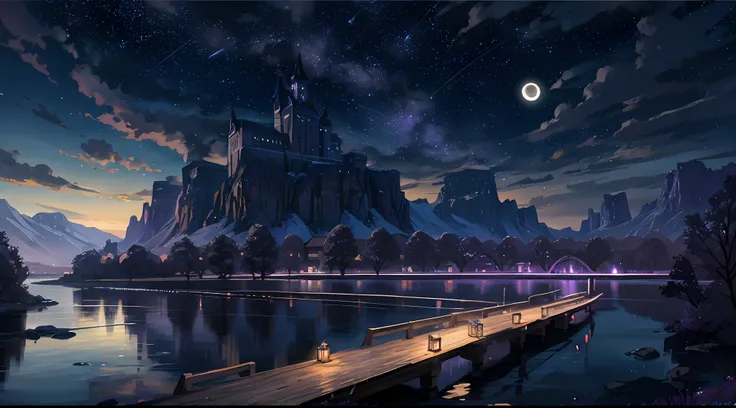 A painting of a river with stars and moon in the sky, concept art inspired by Tosa Mitsuoki, pixiv contest winner, best quality, fantasy art, beautiful anime scene, a bright moon, moonlit starry environment, dream painting, Anime Background Art, Fantasy La...