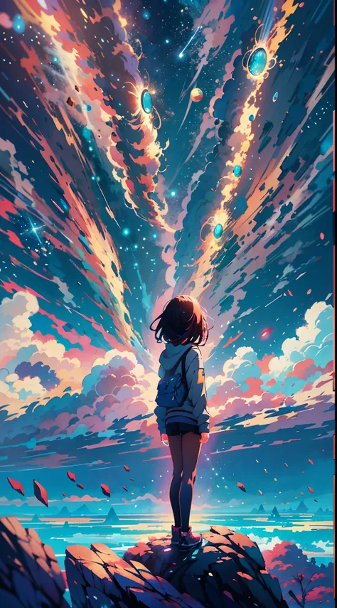 anime girl standing on a rock looking at a star filled sky, makoto shinkai cyril rolando, anime art wallpaper 4k, anime art wallpaper 4 k, anime art wallpaper 8 k, cosmic skies. by makoto shinkai, inspired by Cyril Rolando, in the style dan mumford artwork...