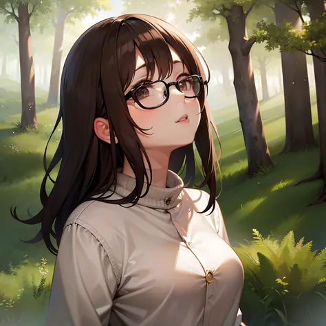 1 female、brown haired(Long)、Black-rimmed glasses、Forest bathing、Looking up at the forest