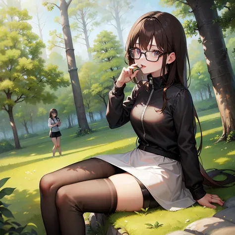 1 female、brown haired(Long)、Black-rimmed glasses、Forest bathing、Looking up at the forest