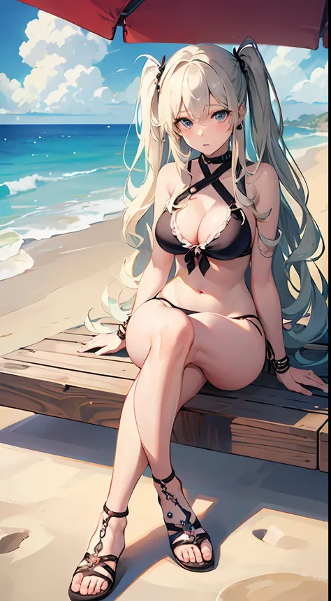 ((Best Quality)), (Ultra-detailed), ((Extremely detailed)), (Beautiful), ((Kawaii Girl)),(two side up hair).,Platinum Blonde Hair,Long hair, hair between eye, Wavy Hair, Long sideburns,Jade-colored eyes, White skin,Normal Chest,Slender body,Cross Halter Bi...