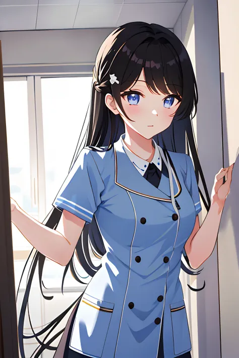 TachibanaHinano， 1girl， 独奏， long whitr hair， mediuml breasts， （split color hair， Black hair， Dark black hair： 1.3）， eBlue eyes， ssmile， standing on your feet， dynamicposes， 8k， tmasterpiece， best qualtiy， absurderes， Perfect anatomy， cinmatic lighting， cow...