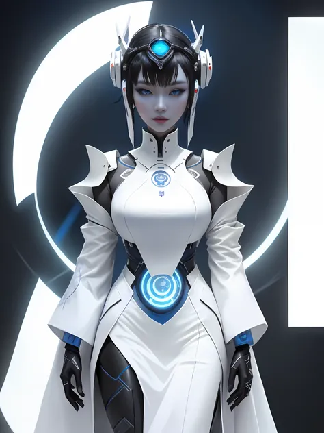 Arad woman in white and blue，Take a fan, sci-fi tibetan fashion, fashionable futuristic woman, porcelain cyborg, ghost in the shell geisha robot, styled like ghost in the shell, cyborg fashion model, [ trending on CGSociety ]!!, cgsociety and fenghua zhong...