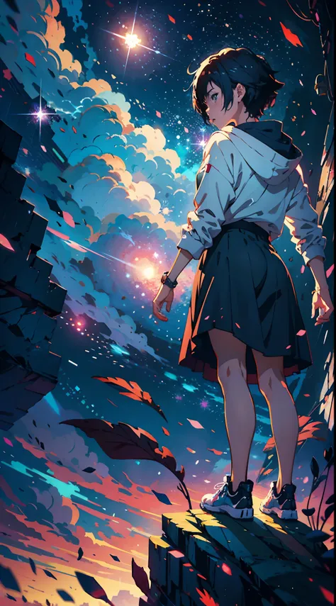 anime girl standing on a rock looking at a star filled night sky, makoto shinkai cyril rolando, anime art wallpaper 4k, anime art wallpaper 4 k, anime art wallpaper 8 k, by makoto shinkai, inspired by Cyril Rolando, in the style dan mumford artwork, amazin...