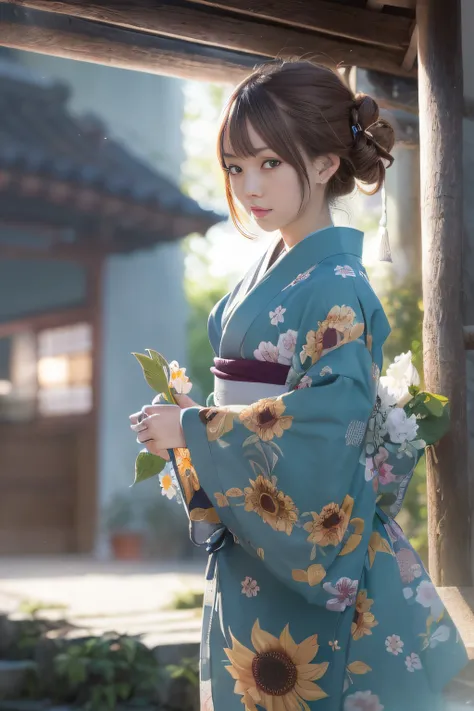 (masutepiece, Best Quality, High quality, hight resolution:1.4), Extremely detailed, Ambient soft lighting, 4K UHD , Being in Kyoto、Wearing a beautiful light blue sunflower yukata、Beautiful woman facing the front、Brown hair