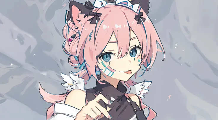 Girl with pink hair，Anime style，dual horsetail，adolable，Small band-aids on the face，Has small white wings，Cat ears，Black pick dye，Stick out your tongue