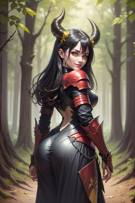 a digital painting of 1 woman, with, black horns, standing, confident arms on hips, smile, perfect face, (((red air))), (yellow eyes), armored armo, arms at sides, (((from behind))), simple forest, background