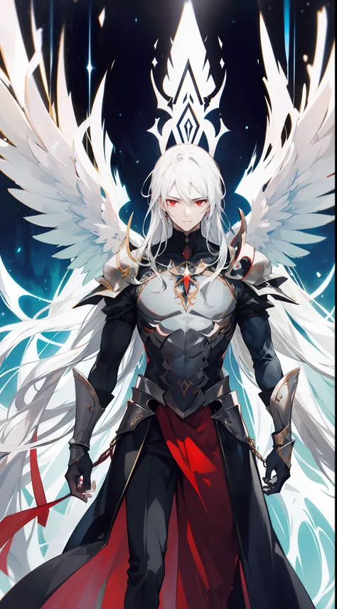 "Generate an image portraying Alfreds true form with white hair and sharp red eyes, concealed beneath a thick armor of radiant light, adorned with majestic wings. Depict him standing regally, his visage obscured by the brilliance of his divine attire. Conv...