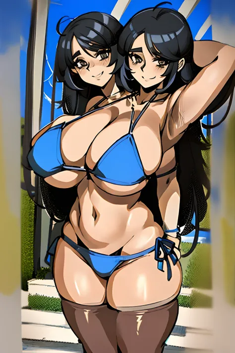 2heads, a short chubby woman with 2 heads. She has extremely huge breasts. She is outside in a park next to a pool. She is wearing a very tight small bikini and a summer hat. She is smiling. She looks seductive. Her breasts are massive. She has circular br...