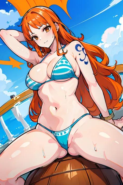 (((masterpiece+best quality+high resolution+ultra-detailed))), 1girl with clima-tact, Nami, long silky orange hair, high nose, sharp eyes, noble and inviolable temperament, (([female]: 1.2 + [beauty]: 1.2 + orange long hair: 1.2)), pirate ship background, ...