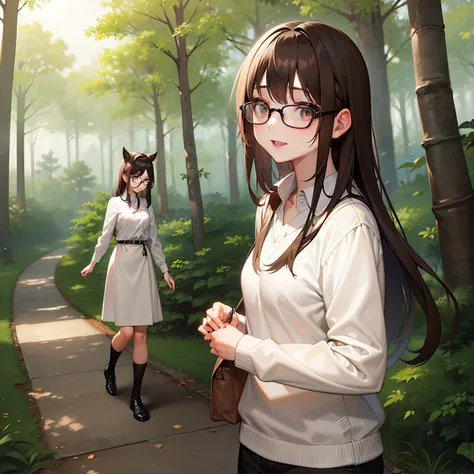 1 female、brown haired(Long)、Black-rimmed glasses、Forest bathing、Looking up at the forest