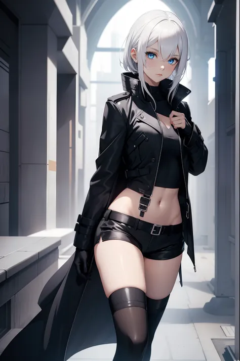 solo female, white hair,  blue eyes, black trench coat, black shorts, white crop top, black gloves