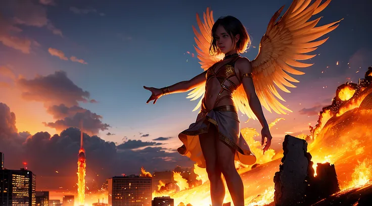 A medium shot of an angel rising into the sky over a burning city, dramatic lighting, sharp, details, flames, fire, burning buildings,  looking at viewer, detailed skin texture, beautiful detailed face, ultra detailed, intricate details,