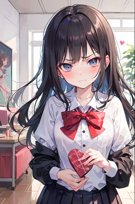 (8K,RAW photos,highest quality, masterpiece,HDR,bloom:1.2),loli,young,cute,sweet,(angry face,blush,embarrassed;1.2),indoor,school outfit School roof,holding chocolate valentine