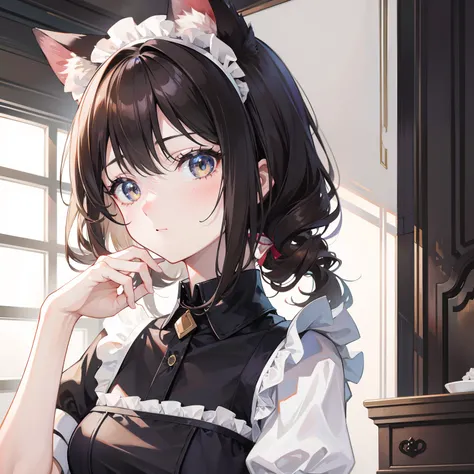 half-body portrait，brunette color hair，cat ear，the maid outfit