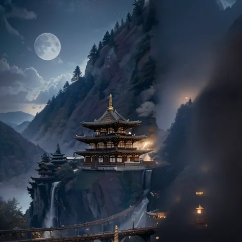 There is a picture of a bridge over the river，In the background is a pagoda, digital painting of a pagoda, cyberpunk chinese ancient castle, dreamy Chinese towns, ross tran. scenery background, andreas rocha style, cyberpunk japanese temple, Detailed scene...