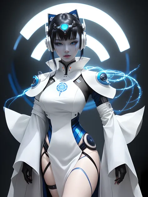 The white and blue Arad woman，Take a fan, sci-fi tibetan fashion, fashionable futuristic woman, porcelain cyborg, ghost in the shell geisha robot, styled like ghost in the shell, cyborg fashion model, [ trending on CGSociety ]!!, cgsociety and fenghua zhon...