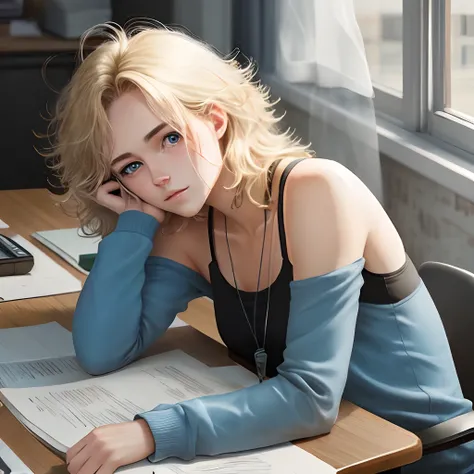 Blonde hair, blue eyes, flat shoulders, messy hair, cold lying on the desk