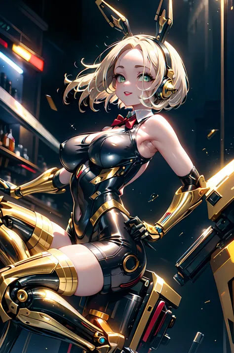 beautiful mechanical woman, solo, (half closed eyes, green eyes), (masterpiece eyes:1.5), BREAK, seductive smile, (mechanical bunny girl: 1.3), (black exoskeleton leotard: 1.3), (golden color mechanical joints, mechanical arms, mechanical legs:1.3), (expos...