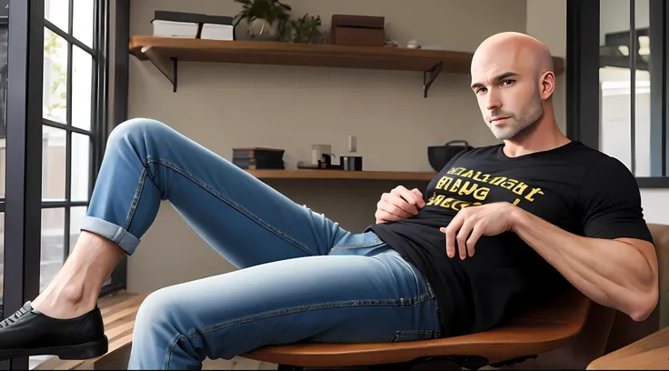 White-haired man，Long legs，Slag，bald-headed，Black T-shirt，denim pant，musculature