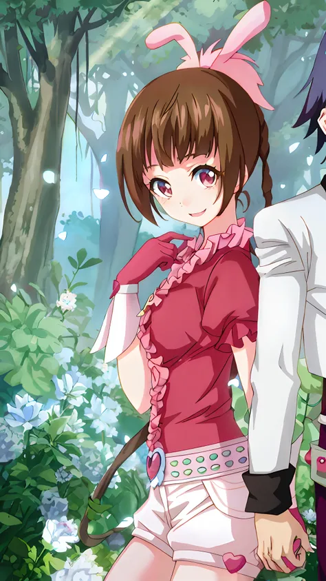 anime couple in the woods，flowers and trees in the background, a magical girl in the enchanted forest, sexy loli in the enchante...