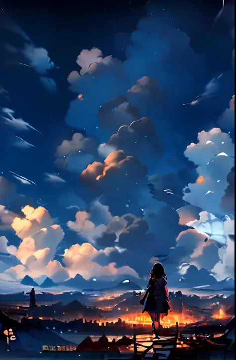 expansive landscape photography，（a bottom view showing the sky above and open country below），a girl standing in a field of flowe...