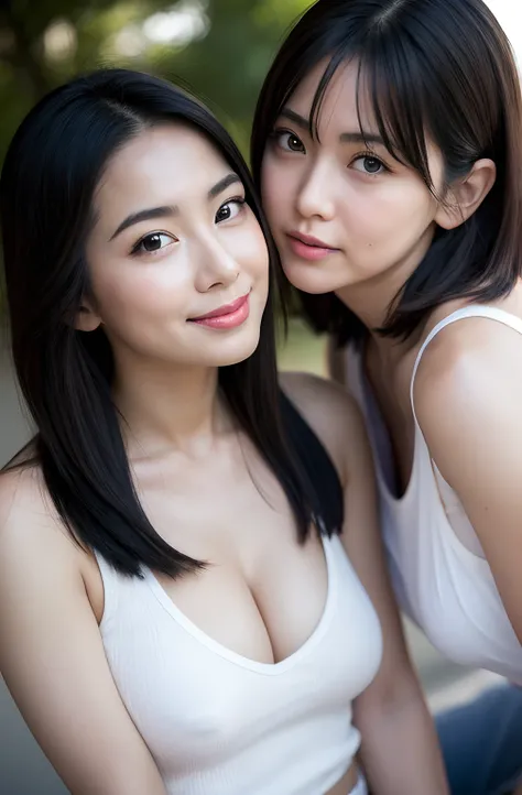 realistic,photorealistic,raw photograph,2 women having fun,leering:1.2, super big eyes:1.5,lecherous:1,2, Hentai:1,2, NSFW:1,2, Lesbian Yuri:1,2, Kissing, Blushing, Wear a tank top and pleated miniskirt, Hot summer days