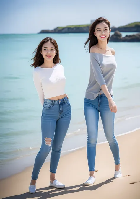 Woman in jeans on the beach，Dancing sexy，Full body shooting:1.8（RAW photogr，超高分辨率，8K,HD,tmasterpiece，best qualtiy），Complicated details， 20 years old Asian woman，Women wearing smoked gray cropped anxiety tight sweater（Slim fit，Fit snugly to the body）and tre...