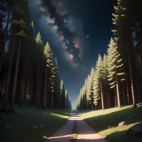 Ideal，tmasterpiece，A high resolution，best qualityer，hyper HD，super detailing，starrysky，zori，A plausible path leading into the distance，empty of people，grass field，ln the forest，As estrelas