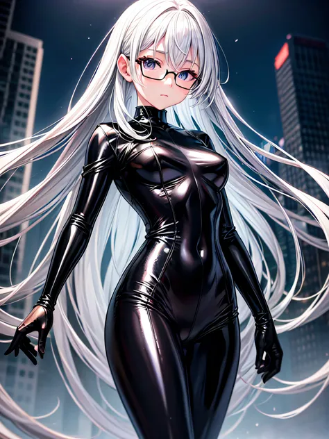 5 8K UHD、With a silver-haired small-nosed beauty dressed in a shiny black rider suit、Black shiny fingertips hide skin to the tips of black shiny fingertips wearing glasses、Late Night City、Wearing a shiny black latex slider suit that hides skin、Glossy black...