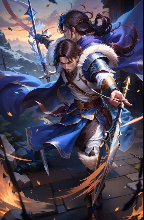 Close-up of a man holding a bow and sword, zhao yun, kaladin stormblessed, G Liulian art style, by Yang J, Epic fantasy digital art style, hero 2 d fanart artsation, xianxia hero, bian lian, heise jinyao, feng shu, Detailed digital 2D fantasy art, Male pal...